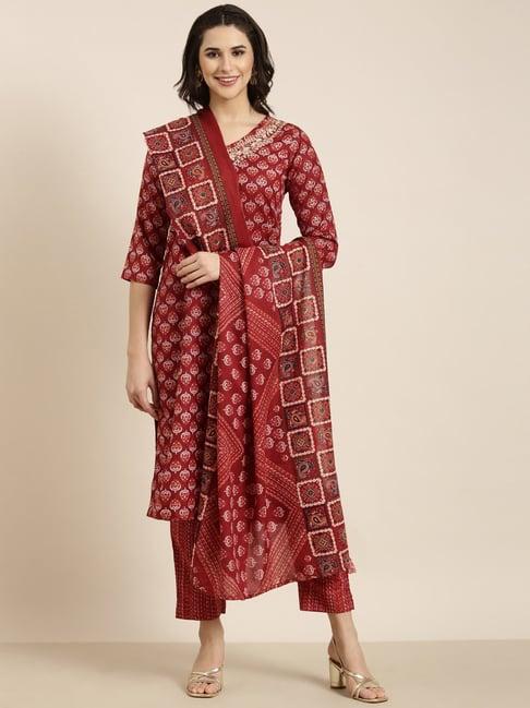 showoff maroon embellished kurta with pants & dupatta