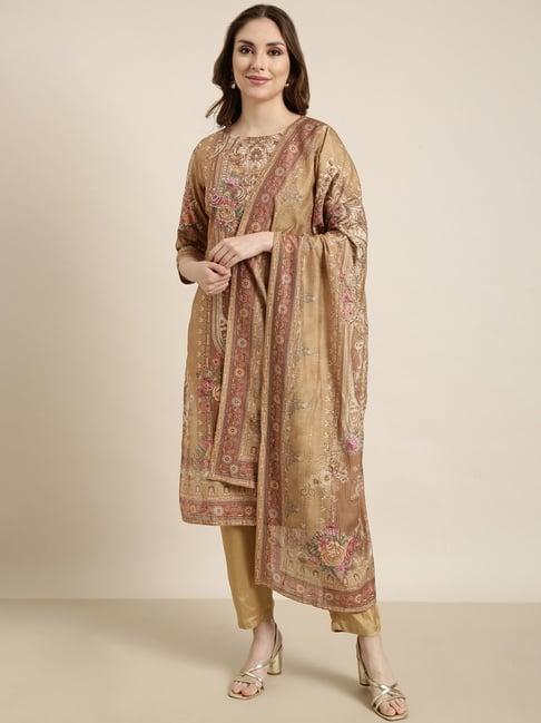 showoff beige embellished kurta with pants & dupatta