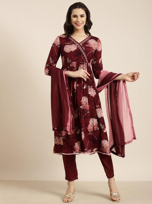 showoff maroon embellished kurta with pants & dupatta