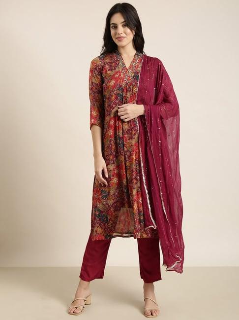 showoff maroon embellished kurta with pants & dupatta