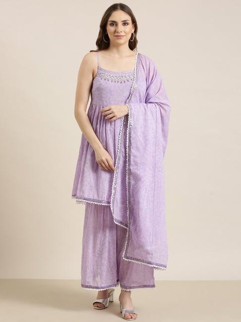 showoff lavender embellished kurta with sharara & dupatta with potli bag