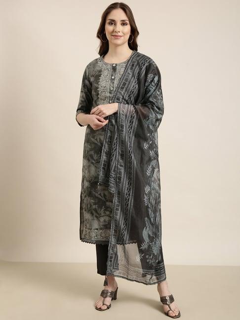 showoff grey embellished kurta with pants & dupatta