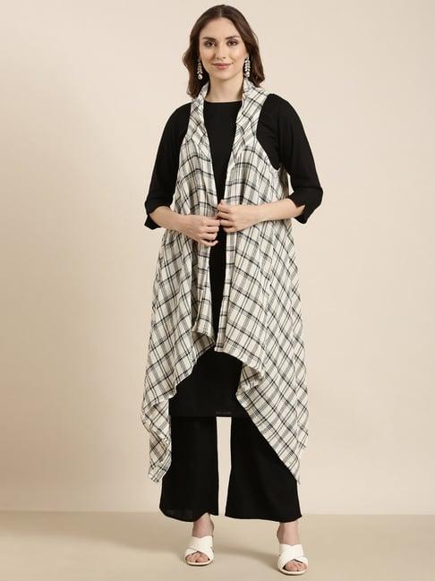 showoff black & white checks kurta with palazzos & overcoat