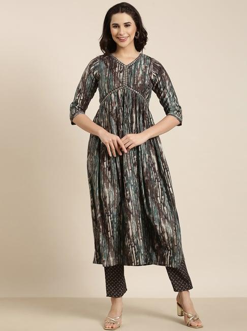 showoff brown embellished kurta with pants