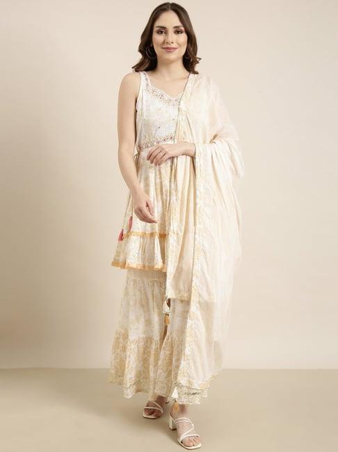 showoff cream embellished kurti with sharara & dupatta