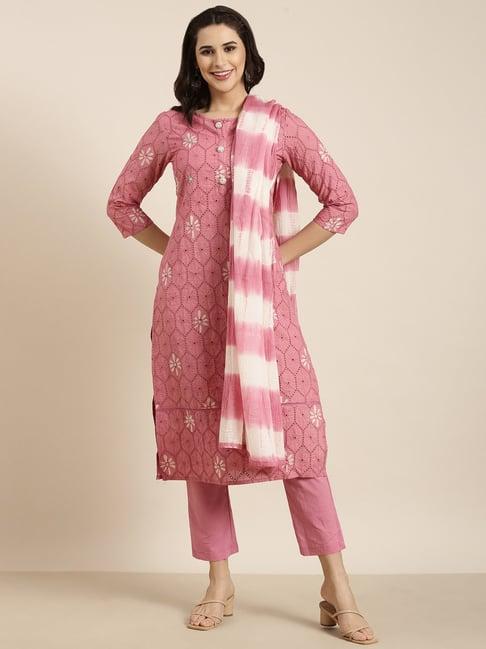 showoff pink embellished kurta with pants & dupatta