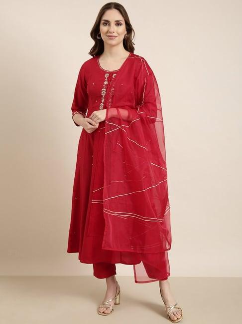 showoff red embellished kurta with pants & dupatta