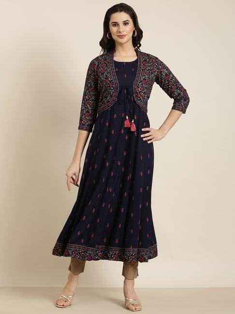 showoff navy floral print anarkali kurta with jacket