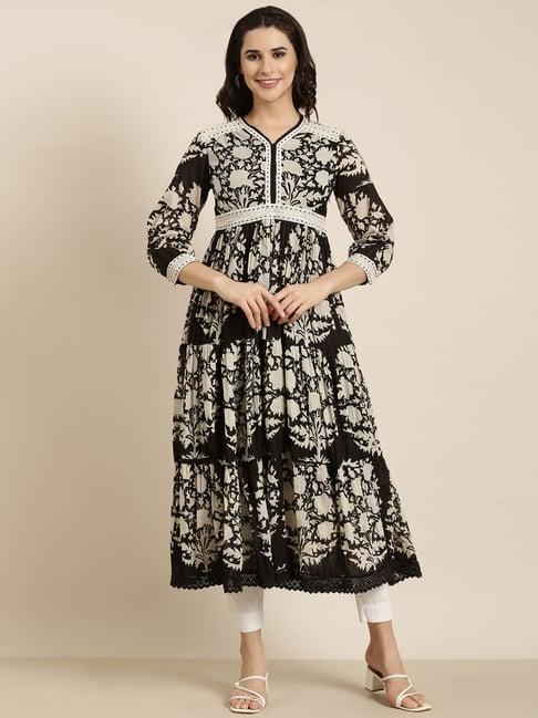 showoff black floral print anarkali kurta