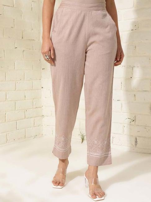 fabindia beige cotton embroidered pants