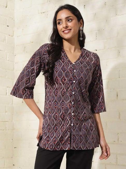 fabindia maroon & blue cotton printed tunic