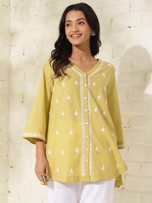 fabindia yellow cotton embroidered tunic