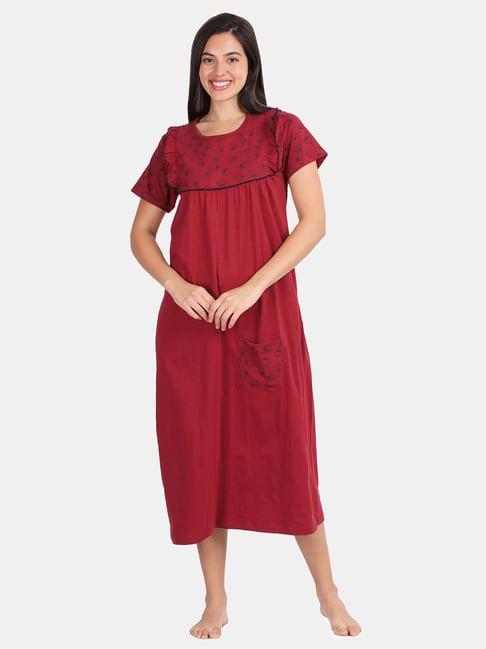 kryptic maroon cotton printed night dress