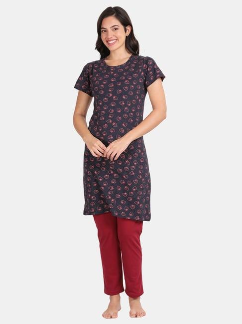 kryptic navy & maroon cotton printed long t-shirt with pyjamas