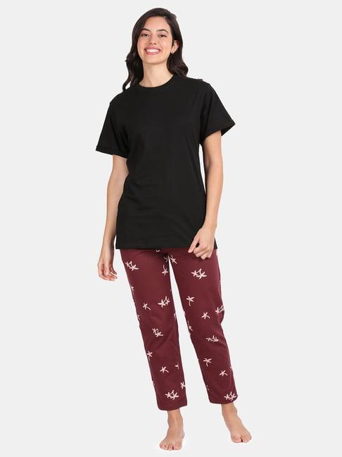 kryptic maroon & black cotton printed t-shirt with pyjamas