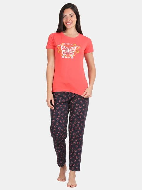 kryptic coral & navy cotton graphic print t-shirt with pyjamas