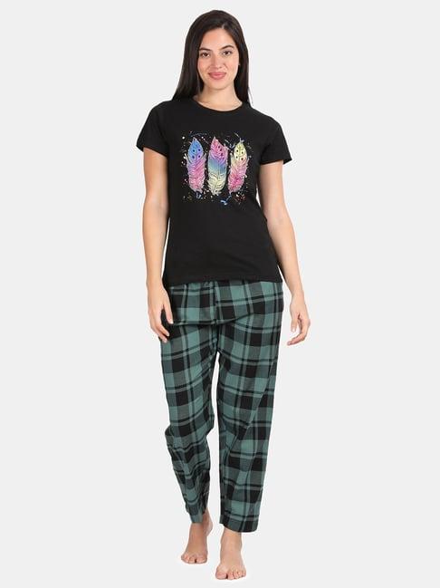 kryptic black & green cotton printed t-shirt with pyjamas