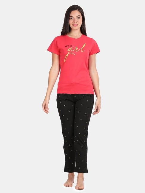 kryptic pink & black cotton graphic print t-shirt with pyjamas