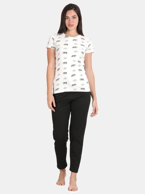 kryptic off white & black cotton printed t-shirt with pyjamas