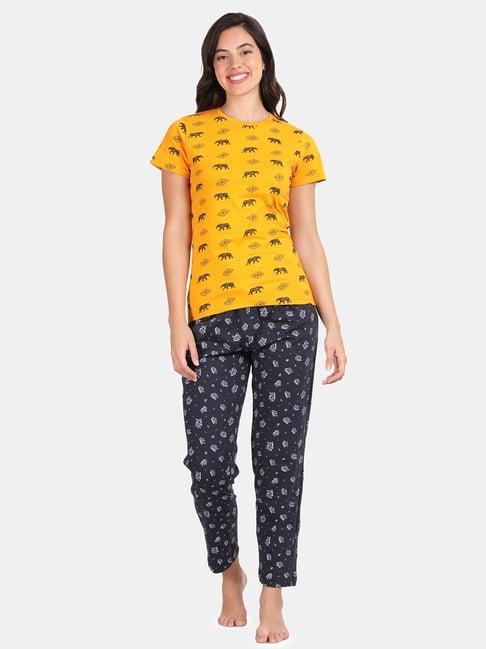 kryptic mustard & navy cotton printed t-shirt with pyjamas