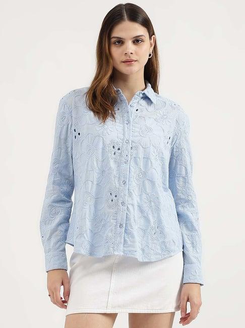 united colors of benetton blue cotton embroidered shirt