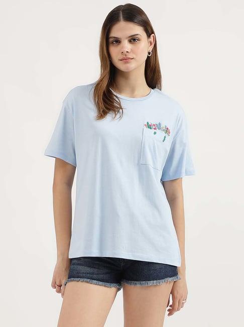 united colors of benetton blue cotton embroidered t-shirt