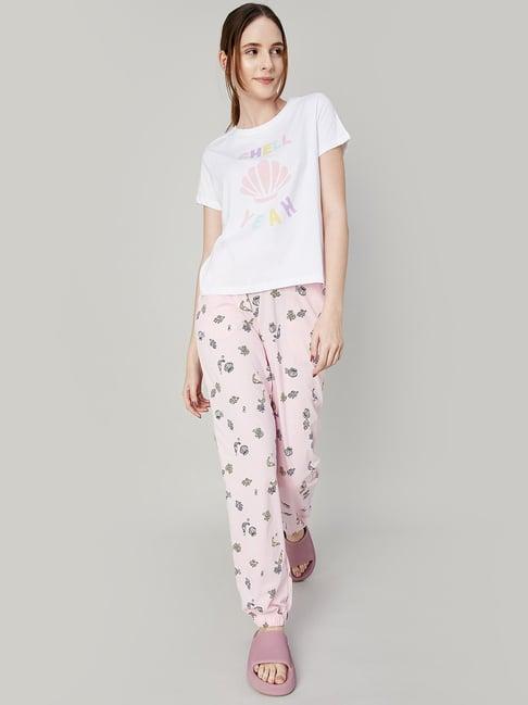 ginger by lifestyle white & pink cotton printed top & pyjama set