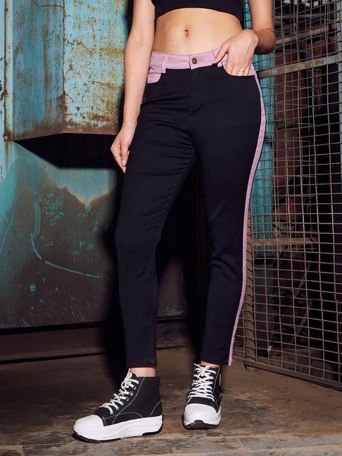 kassually black & pink cotton color-block relaxed fit mid rise jeans