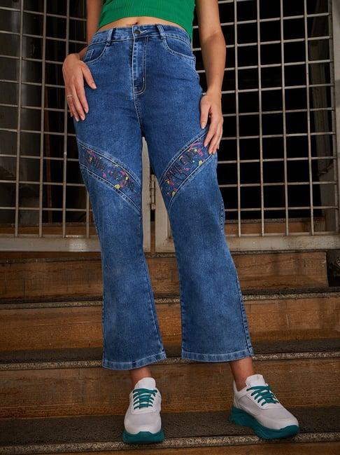 kassually blue cotton graphic print relaxed fit mid rise jeans