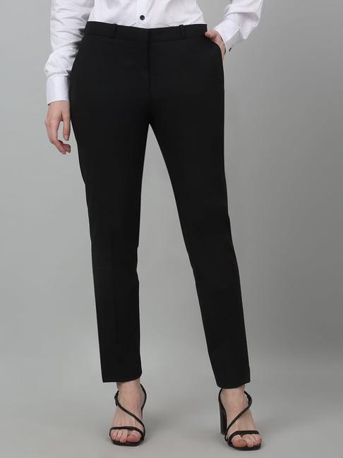 cantabil black cotton lycra regular fit mid rise trousers