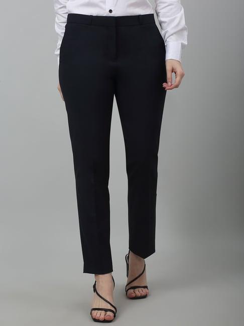 cantabil navy cotton lycra regular fit mid rise trousers