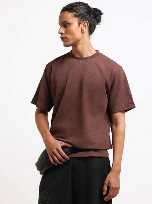 studiofit by westside brown self-patterned relaxed fit t-shirt