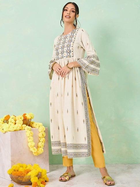 styli off-white cotton embroidered a line kurta