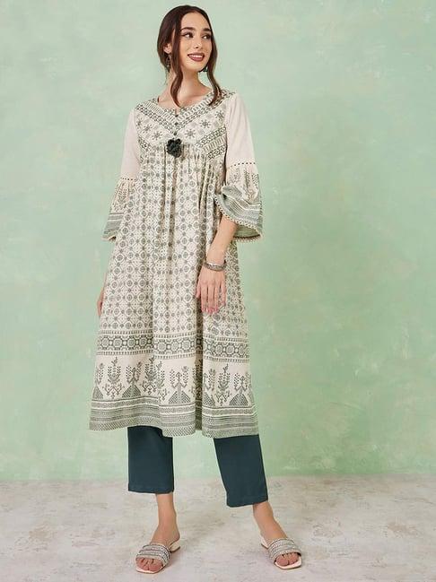 styli off-white & green cotton printed a line kurta