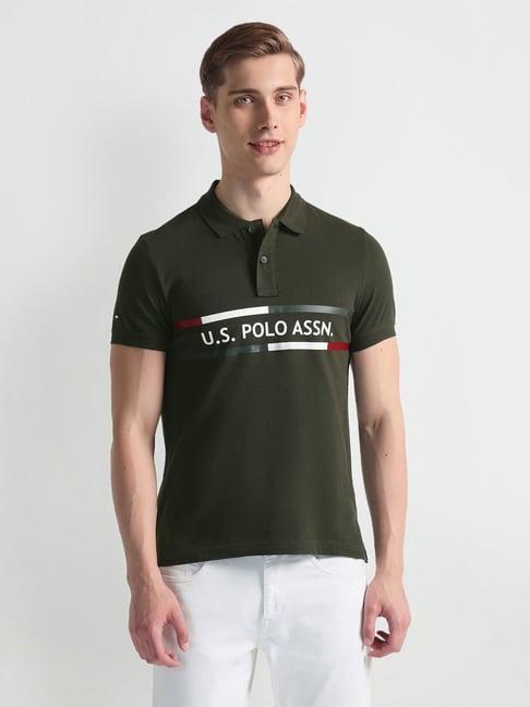 u.s. polo assn. olive cotton slim fit printed polo t-shirt