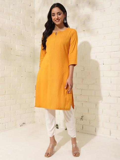 fabindia yellow cotton striped straight kurta