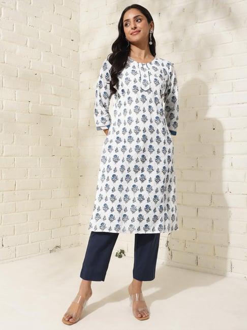 fabindia white cotton floral print straight kurta