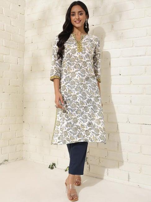 fabindia white cotton floral print straight kurta