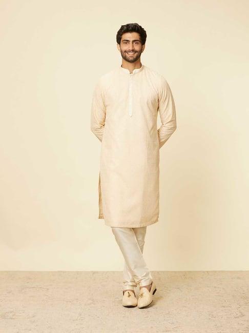 manyavar beige & white regular fit embroided kurta & pyjama set