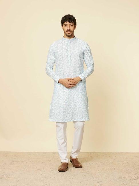 manyavar light blue & white regular fit printed kurta & pyjama set