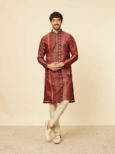 manyavar rust & beige regular fit printed kurta & pyjama set