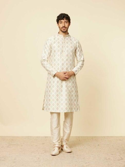 manyavar cream & beige regular fit printed kurta & pyjama set