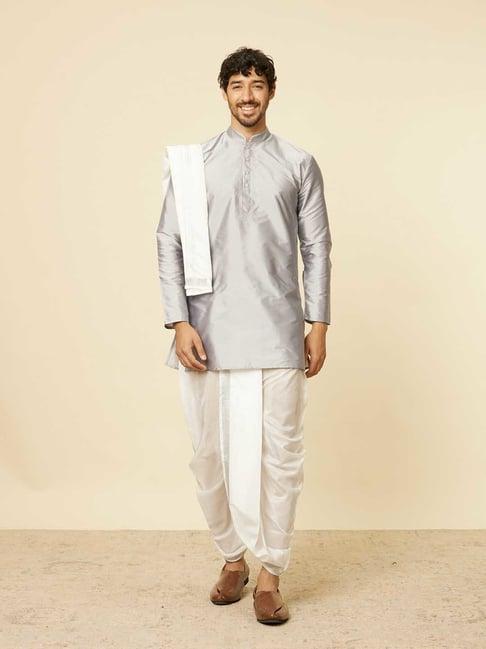 manyavar grey & white regular fit kurta & dhoti with dupatta set