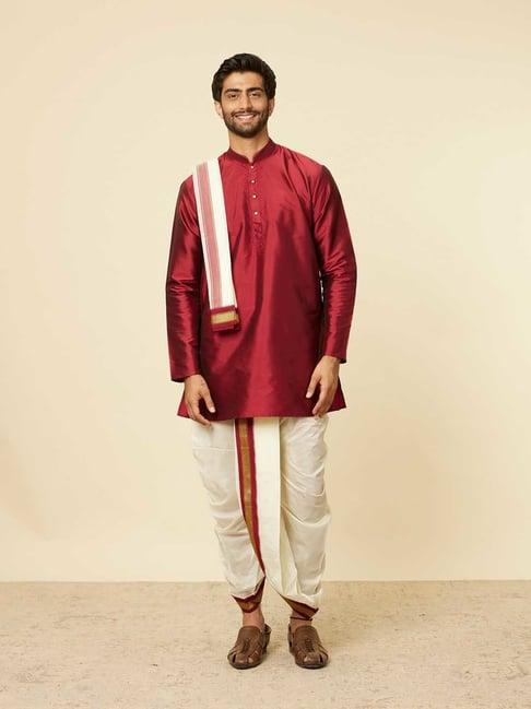 manyavar maroon & white regular fit kurta & dhoti with dupatta set