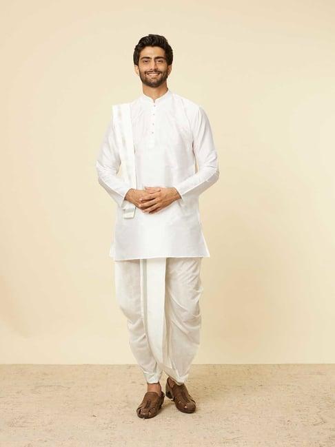 manyavar white regular fit kurta & dhoti with dupatta set