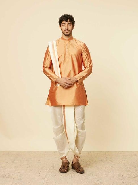 manyavar fawn & white regular fit kurta & dhoti with dupatta set