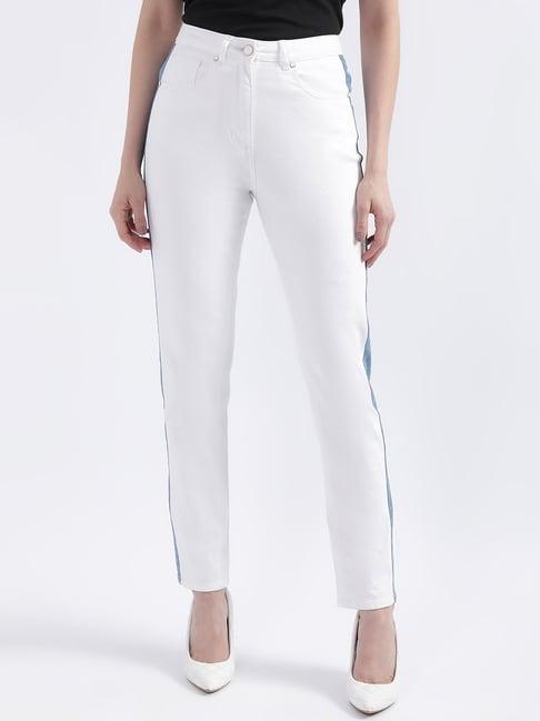 iconic white cotton color-block mid rise jeans