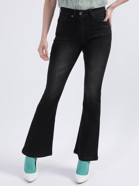 iconic black cotton mid rise bootcut jeans