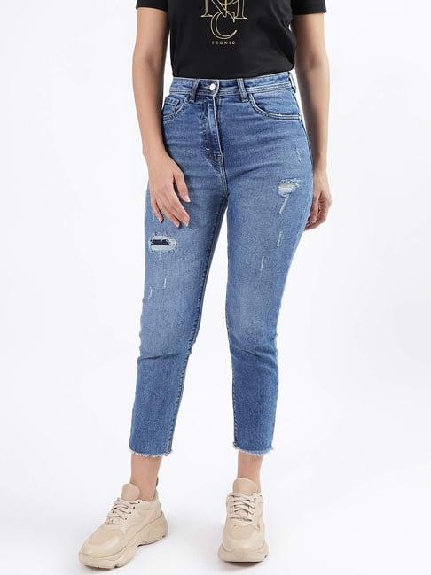 iconic blue cotton distressed mid rise jeans