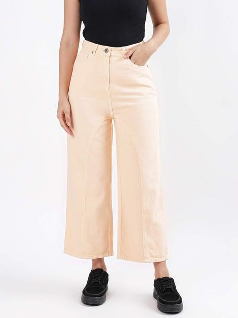 iconic peach cotton mid rise flared jeans